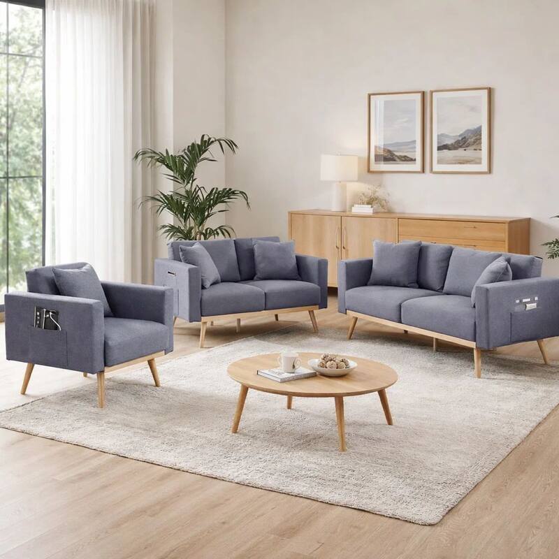 Odin 3 Piece Sofa Set with Loveseat and Chair, Tufted Cushions, Gray Velvet