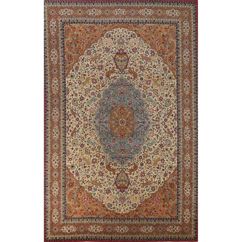 Hand Knotted Oriental 100% Wool Carpet Traditional Floral Beige & Ivories Tabriz Area Rug - 12' 3'' X 8' 1''