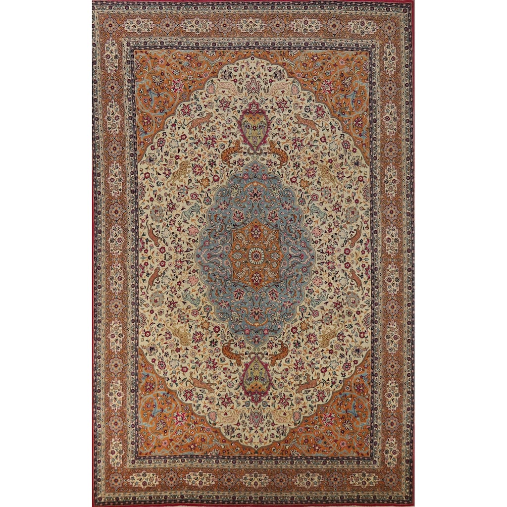 Hand Knotted Oriental 100% Wool Carpet Traditional Floral Beige & Ivories Tabriz Area Rug - 12' 3'' X 8' 1''