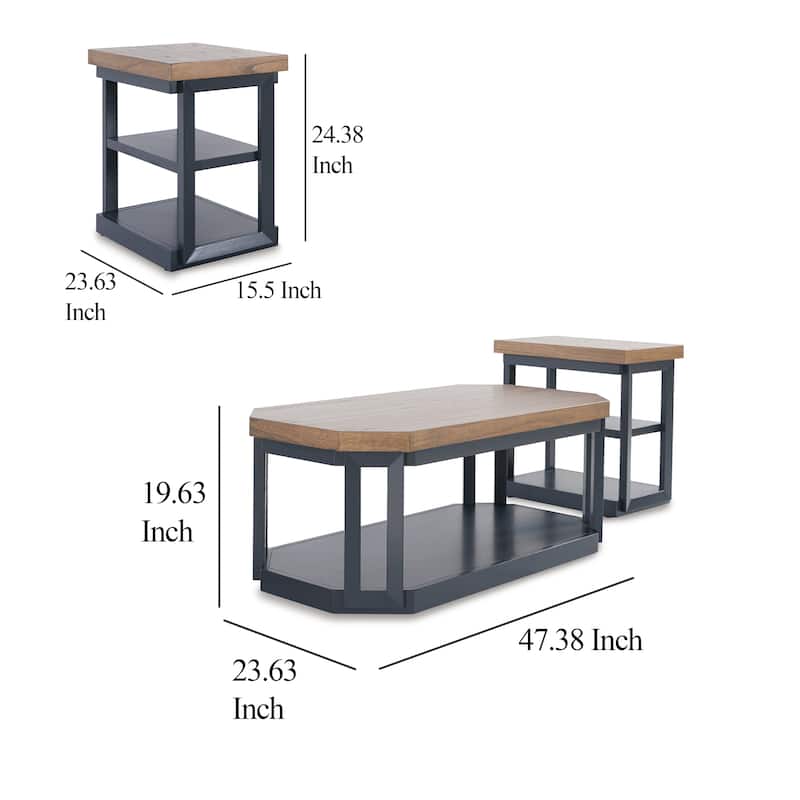 Docken 3pc Coffee n End Table Set, Shelf, Wheels, Dark Blue Slate