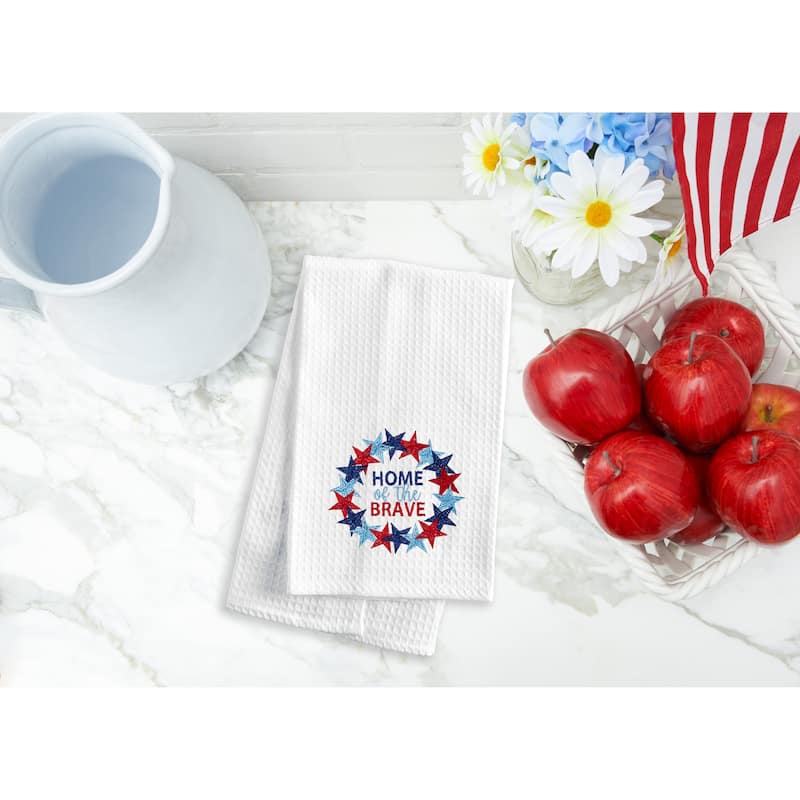 Home Of The Brave Wreath 4th of July Cotton Kitchen Towel Patriotic Dishtowel Decoration