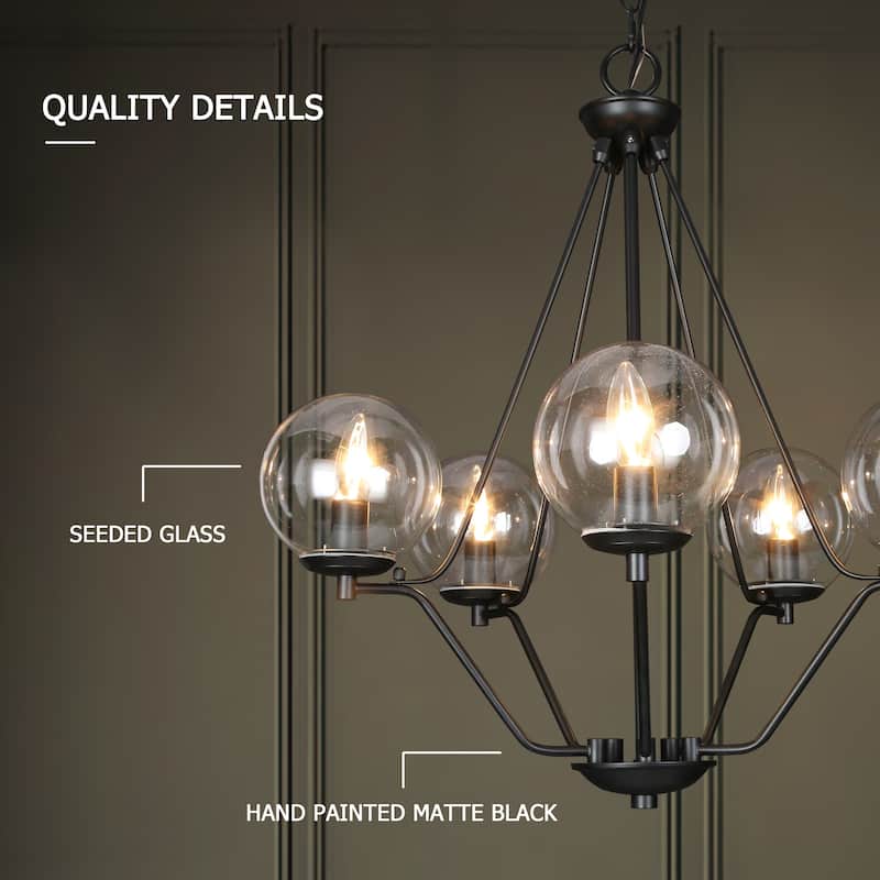 Raretta Modern Black 5-Light Globe Glass Wagon Wheel Chandelier for Dining Room - 22'' L x 22'' W x 24'' H