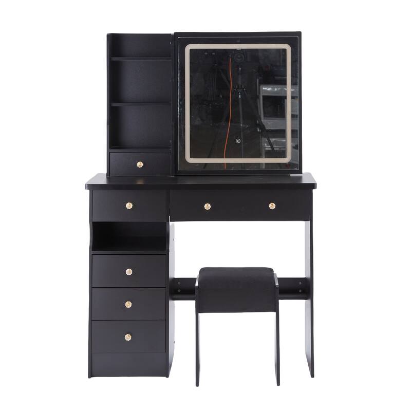 37" Full-Size Vanity Set with Mirror, LED Lighting & Cushioned Stool - Black