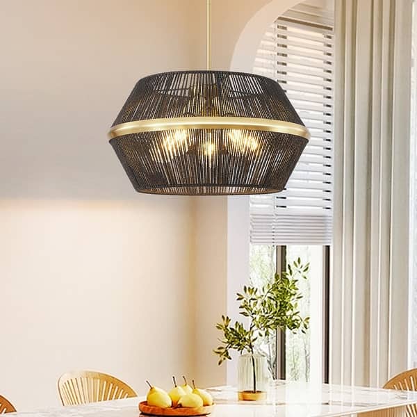 Boho Rattan Flower Chandelier – 20" Handwoven Hemp Rope Pendant Light, E26 Base, 60W Max, For Kitchen Island, Dining Room, Living Room