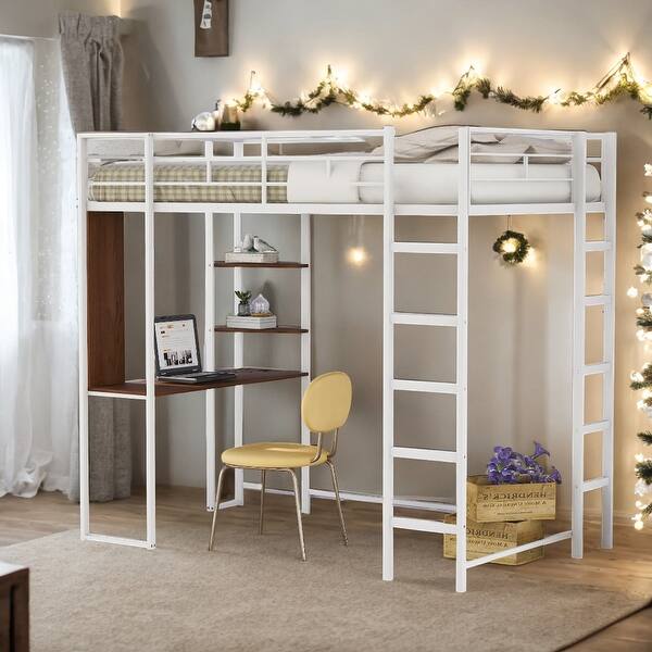 slide 2 of 30, Twin Metal Loft Bed with 2 Shelves, 2 built-in ladders and Desk, White White