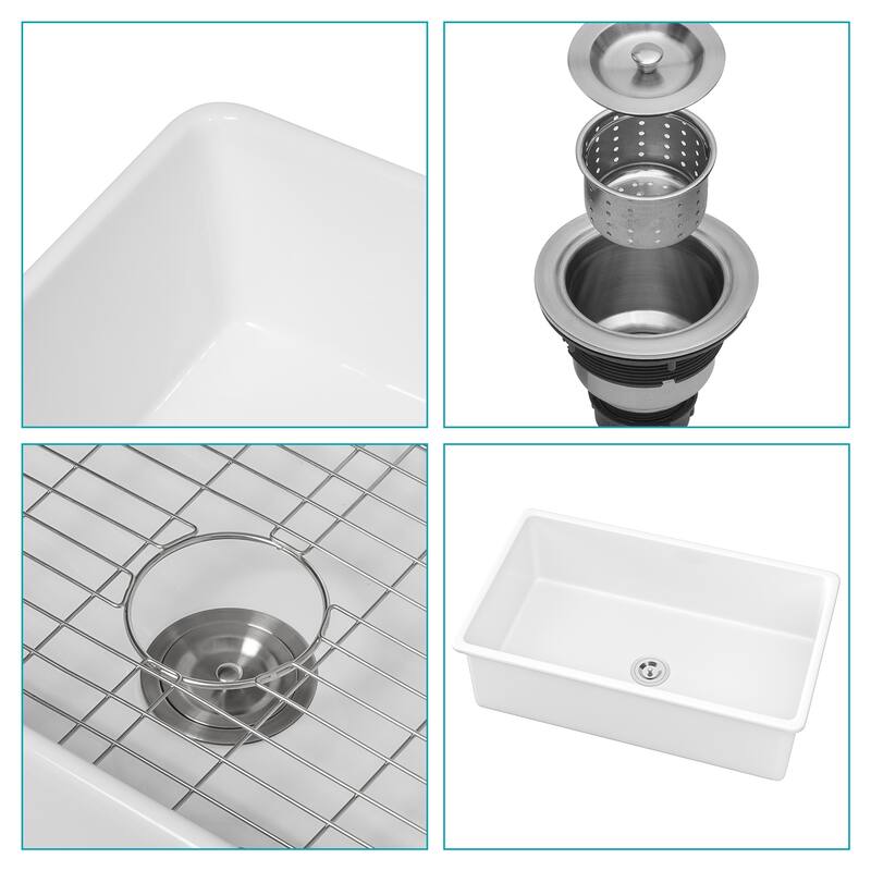 32" Undermount Single Bowl Ceramic Kitchen Sink in White - 32'' x 19'' x 10''