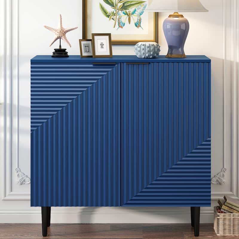 Modern Sideboard Cabinet, Side Cabinet with Adjustable Shelves, Small Console Table with Geometric Door Design - Navy Blue