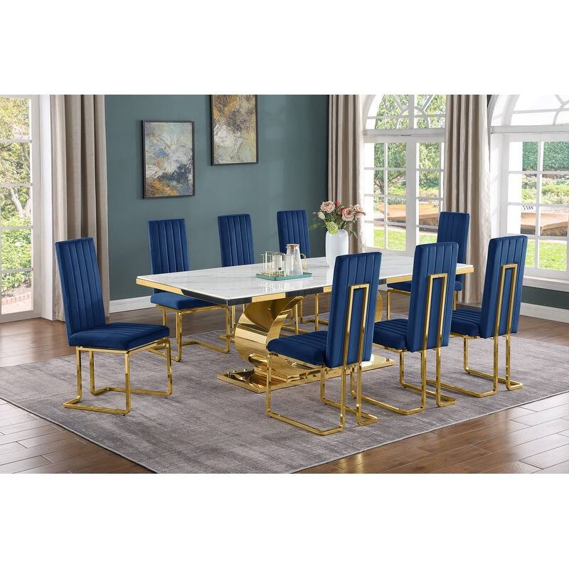 Best Quality Furniture D432/3-SC340-7 Dining Set with 87" White Marble Top - Navy Blue / Gold - 9-Piece
