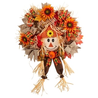 Scarecrow, Sunflower, Pumpkin, and Bow Artificial Fall Harvest Wreath ...