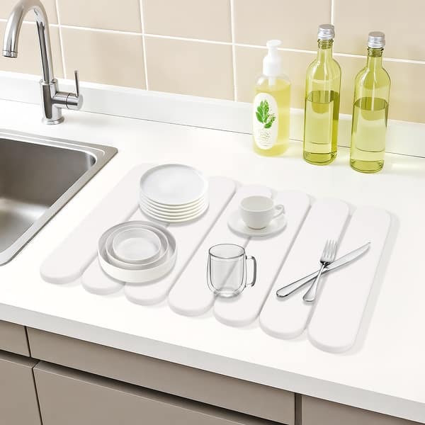 Foldable Diatomaceous Stone Dish Drying Mat, Quick Dry Dish Drying Mats for Kitchen Counter, Dishes, Cups, and Utensils - White - 15.7*11.8 inch