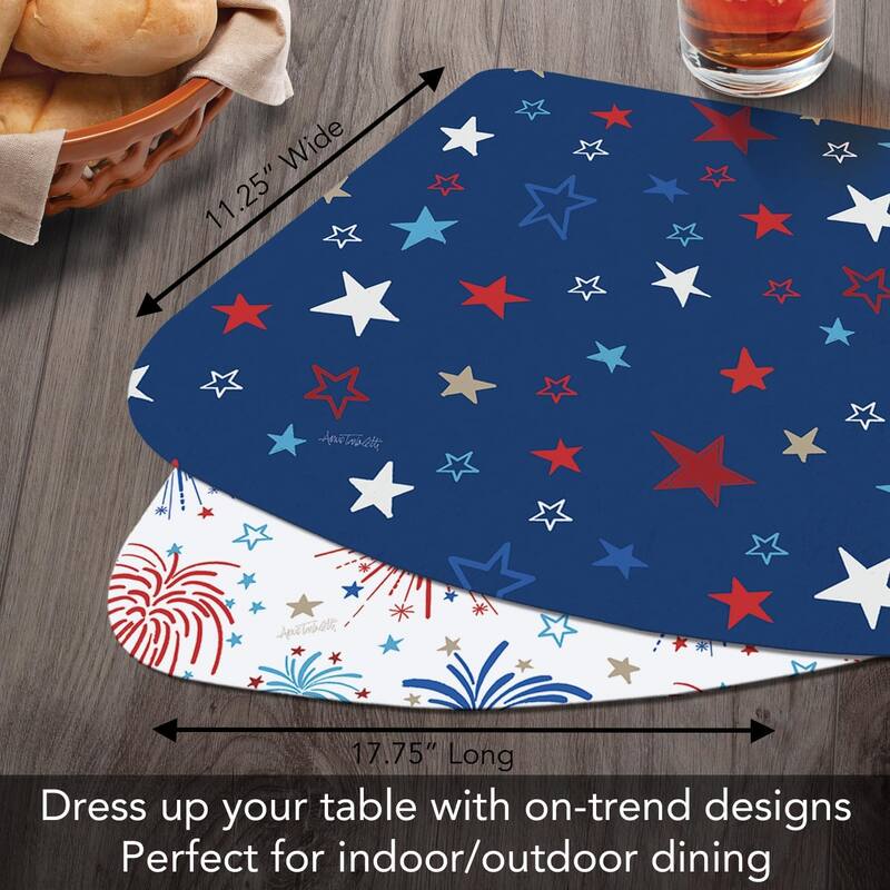 Star Spangled Wedge Shaped Reversible Flexible Plastic Placemat 4 Pack Made in The USA 17.75" x 11.25" Colorful, Wipes Clean