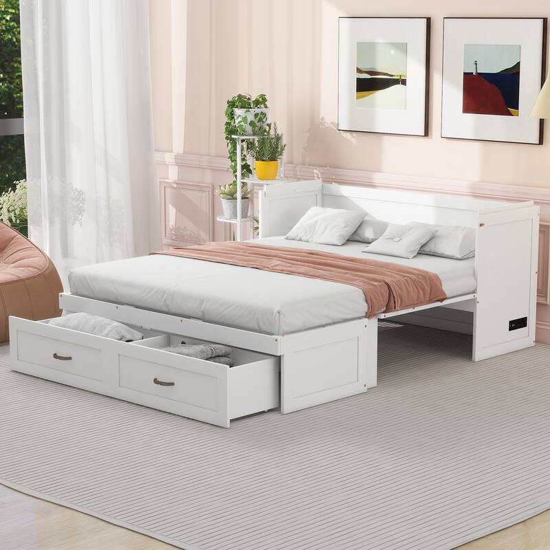 Space-Saving Design Murphy Bed with USB Ports, Large Drawers and Metal Handles