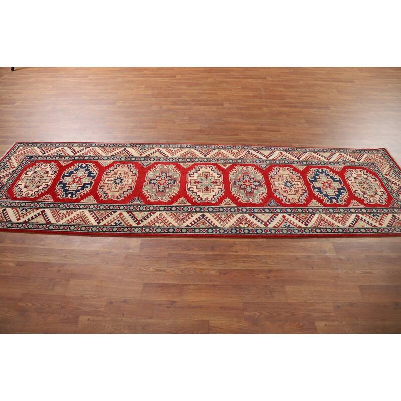 Red Geometric Kazak Oriental Runner Rug Hand-Knotted Wool Carpet - 2'8" x 9'4"