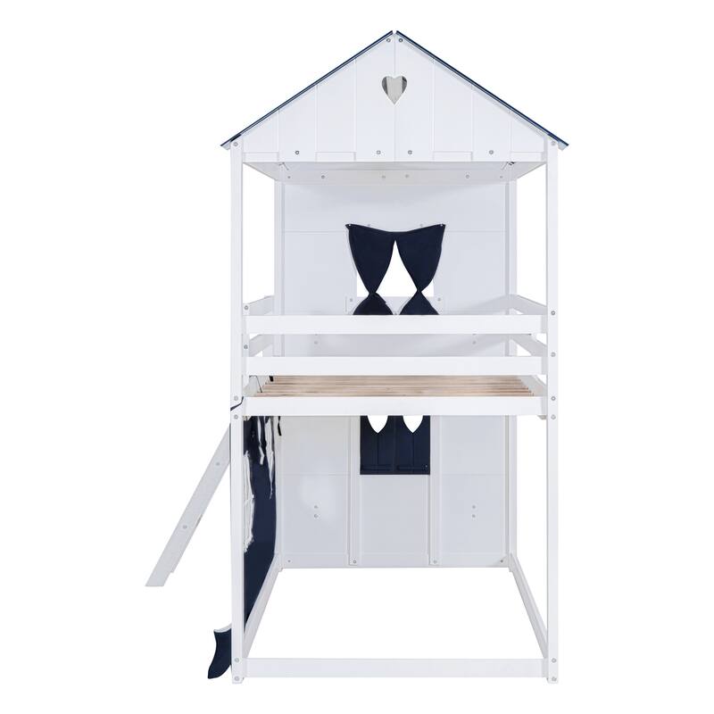 Twin Size Bunk Wood House Bed with Elegant Windows, Sills and Tent, Blue+White