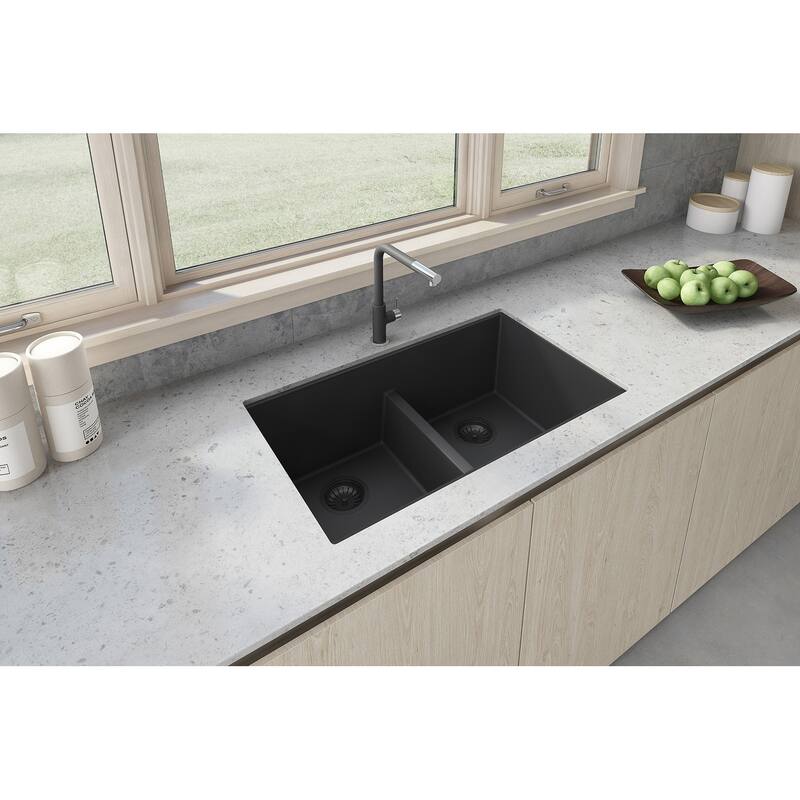 Ruvati 33 x 19 inch Granite Composite Undermount Double Bowl Low Divide Kitchen Sink - Midnight Black - RVG2385BK