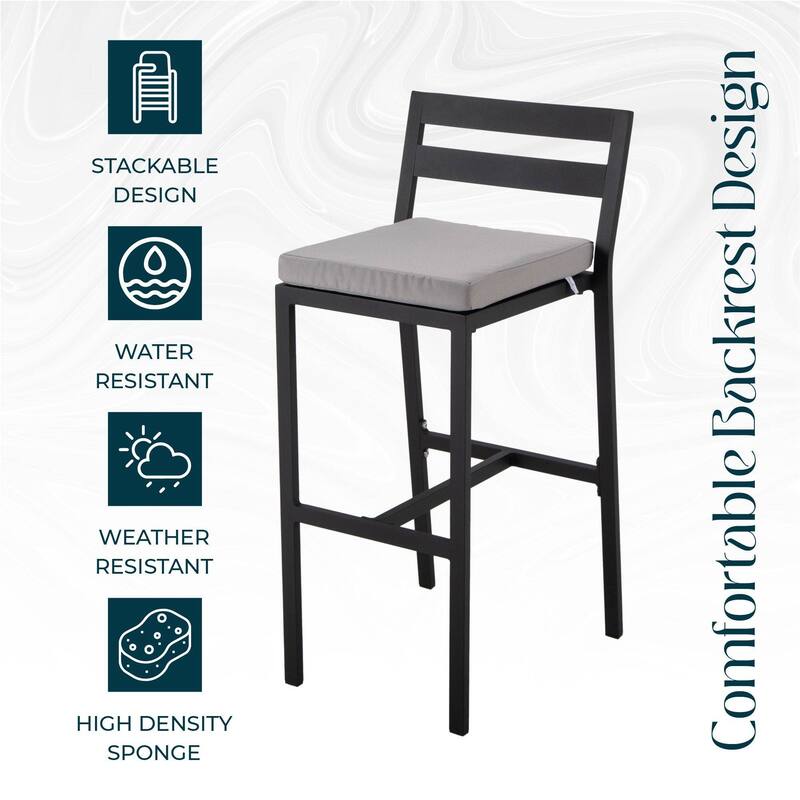 Patio Bar Stool in Powder-Coated Aluminum Frame with Removable Cushion Set of 2