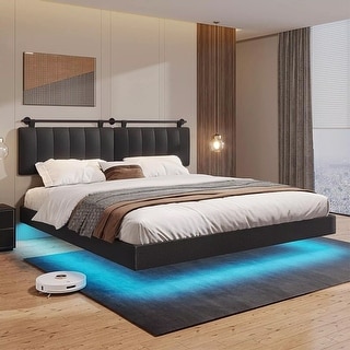 Floating King Bed Frame LED Light Leather Wall Mounted Headboard Black