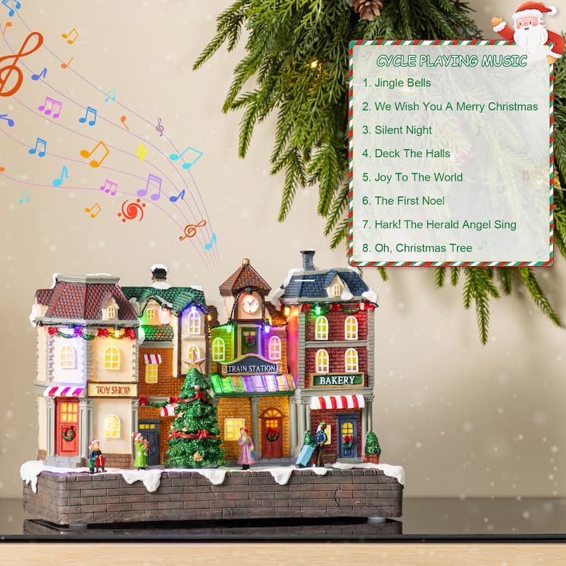 Glitzhome 13.75"L Lighted Christmas Train station Resin Village with Movement and Music