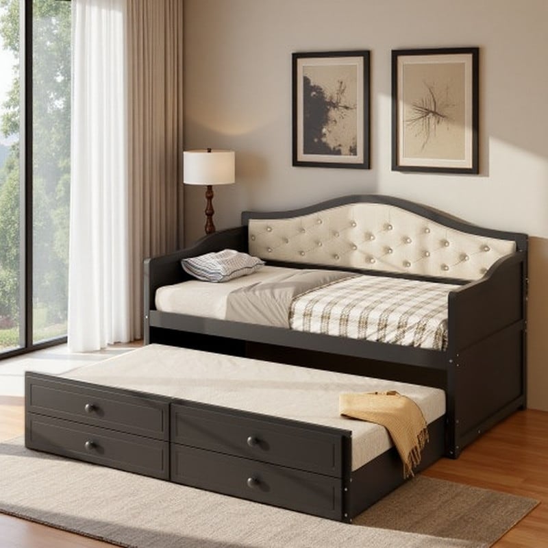 Twin Upholstered Daybed with Trundle & 2 Storage Drawers, Button-Tufted Backrest Sofa Bed Design