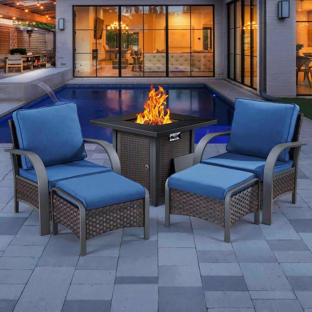 5 Pieces Patio Chair Ottoman with Fire Pit Table