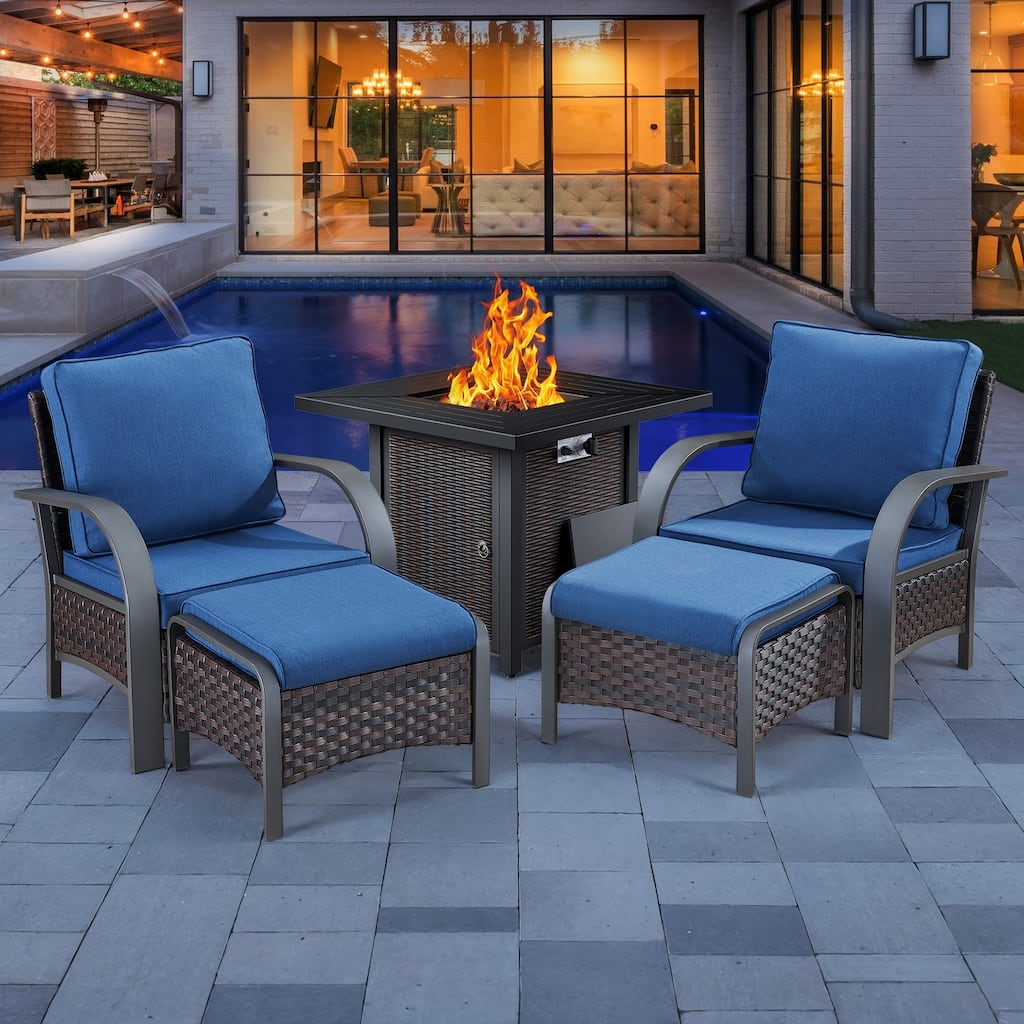 5 Pieces Patio Club Chairs with Propane Fire Pit Table - Blue Cushion - Brown