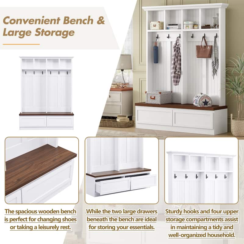 Hall Tree with Wood Bench, Entryway Bench Lounge Bench, White Walnut Shoe Organizer Coat Rack with Open Compartments