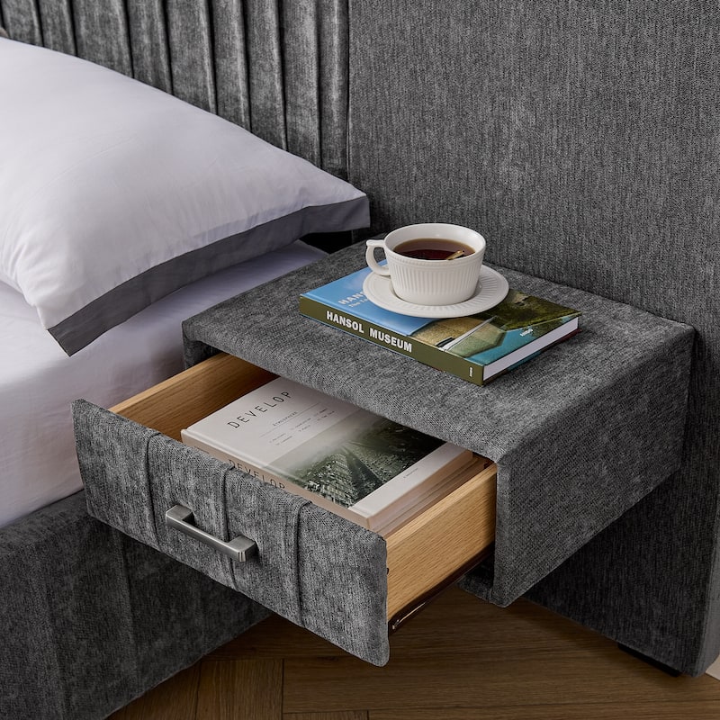 King Upholstered Platform Bed with Pleated Chenille Headboard, Built-in Bedside Table & Adjustable Lamps, No Box Spring