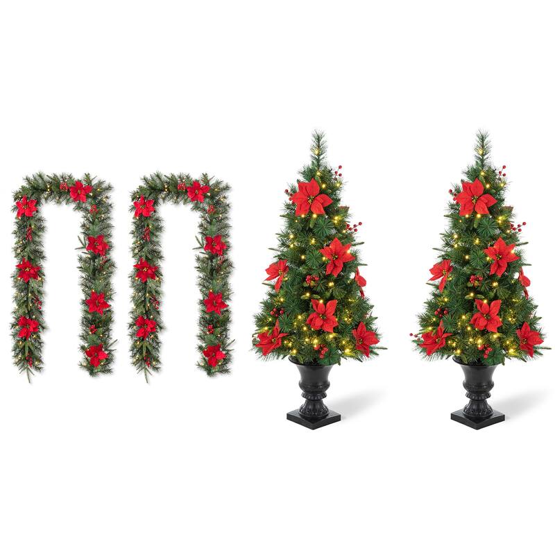 Glitzhome 4ft/5ft Pre-Lit Pine Artificial Christmas Potted Porch Trees with Warm White Lights and Poinsettia