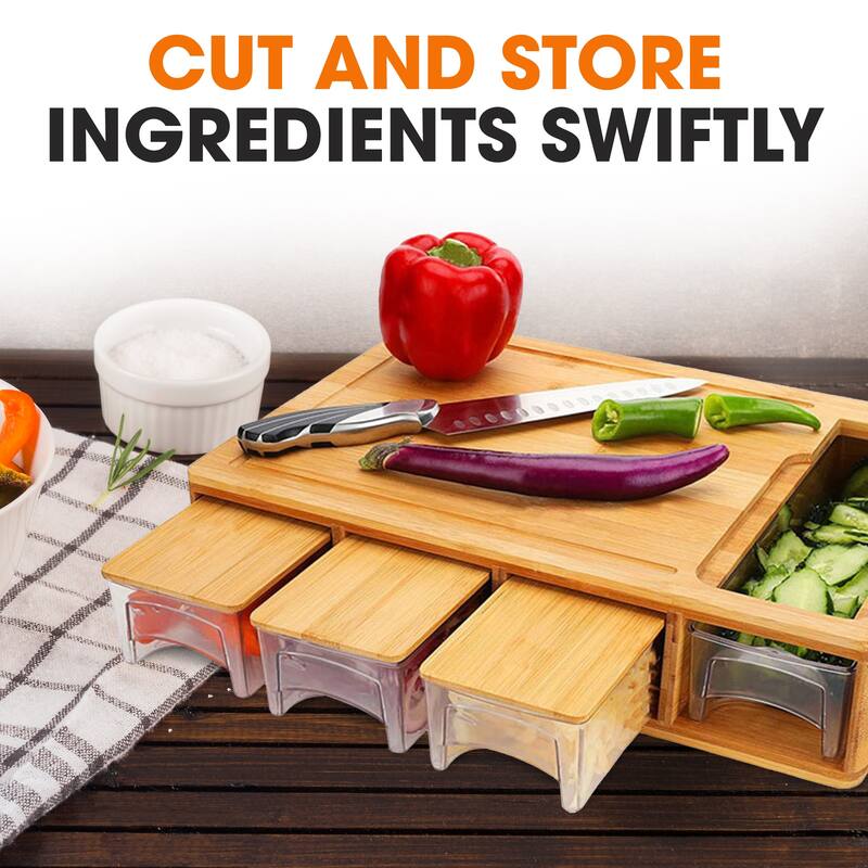 Cheer Collection Bamboo Cutting Board with 4 Graters and 4 Storage Trays