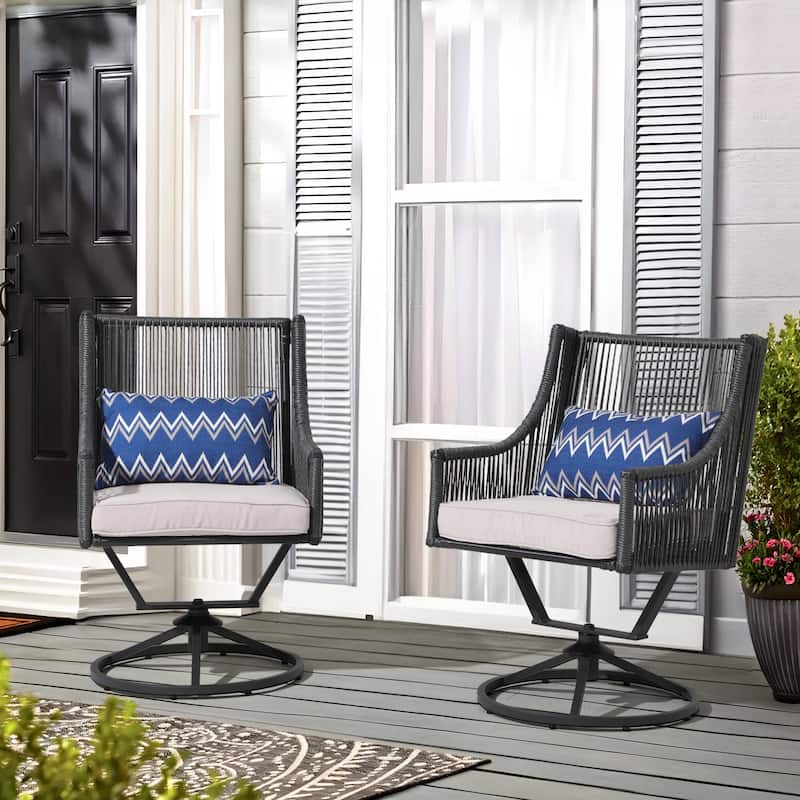 Outdoor Wicker Swivel Chairs with Cushion (Set of 2) - Black/Beige