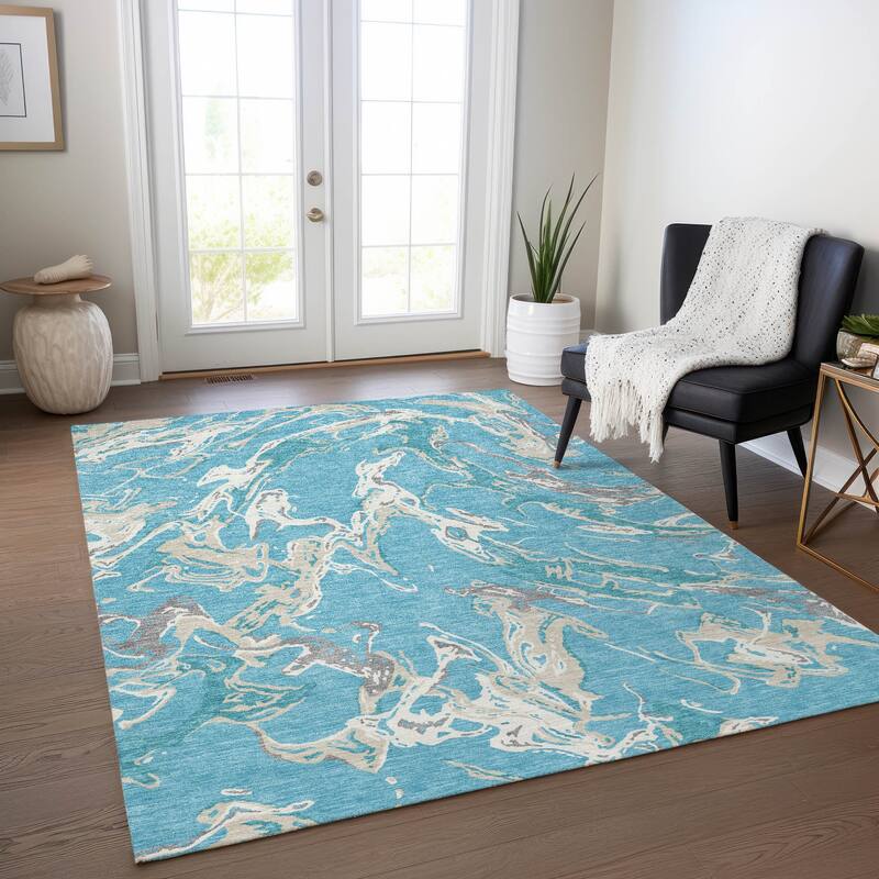 Machine Washable Indoor/ Outdoor Modern Wave Chantille Rug - Teal - 8' x 10'