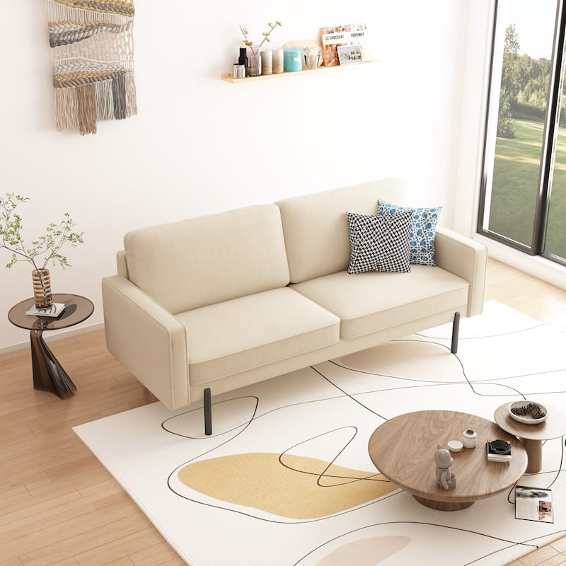 Modern Minimalist Luxe Linen Sofa with Lofted Black Metal Legs