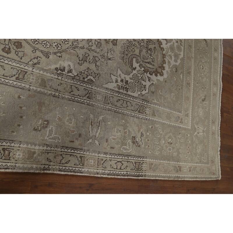 Distressed Tabriz Vintage Persian Rug Handmade Beige Wool Carpet - 8'1" x 11'4"