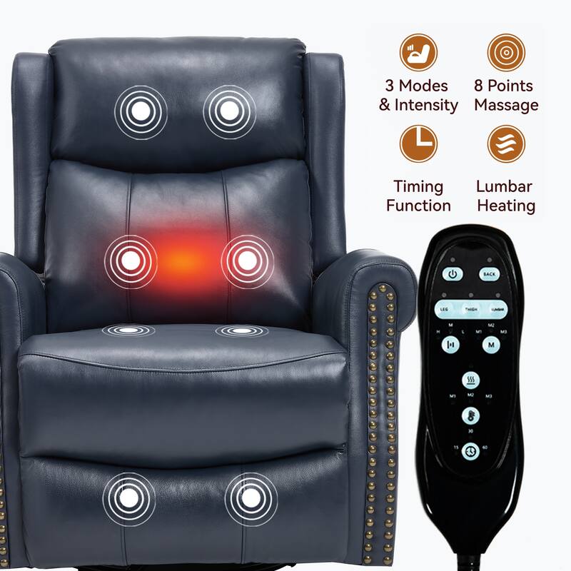 360° Swivel Rocking Recliner with Heat & Massage, Genuine Leather