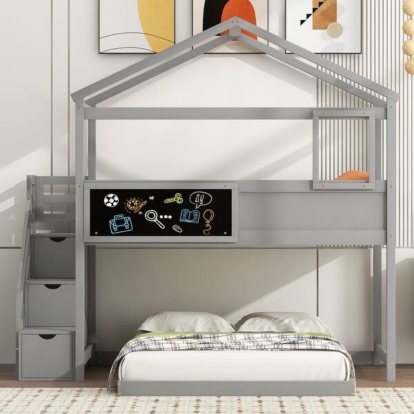 slide 2 of 19, Elegant and Playful Style, House Bunk Bed with Storage Staircase and Blackboard and Solid Construction, Grey Grey