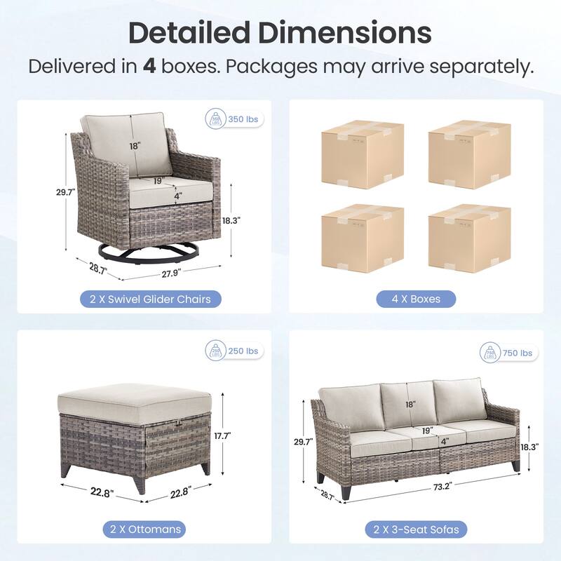 Pocassy Wicker Patio Sofa Glider Swivel Chair Ottoman Furniture Set.