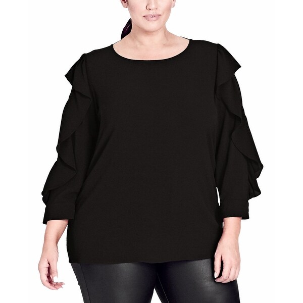 City Chic Womens Blouse Jet Black Size 18W Plus Button Back Ruffle-Trim