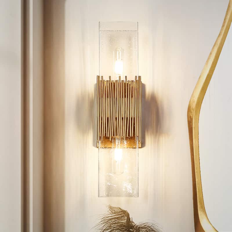 Modern Gold 2-Light Rectangle Vanity Light Dimmable Seeded Glass Wall Sconce - 4.7" Wx5.9" Dx17.5" H