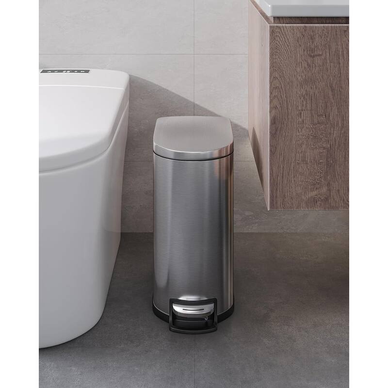 13 Gallon Stainless Steel Kitchen Trash Can with Inner Bucket - Slim Design Soft-Close Lid and Foot Pedal Silver