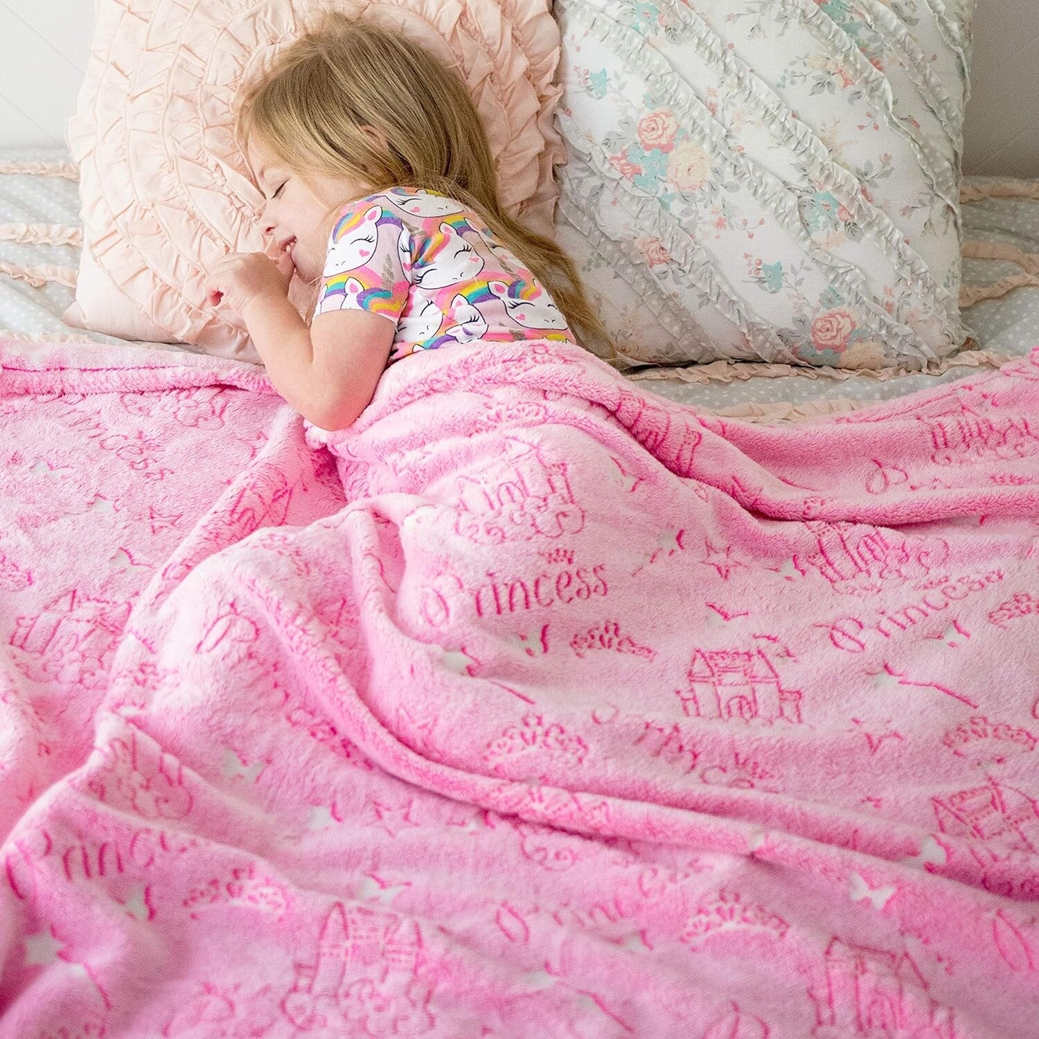Glow in the Dark Princess Pink and White Soft Plush Blanket for