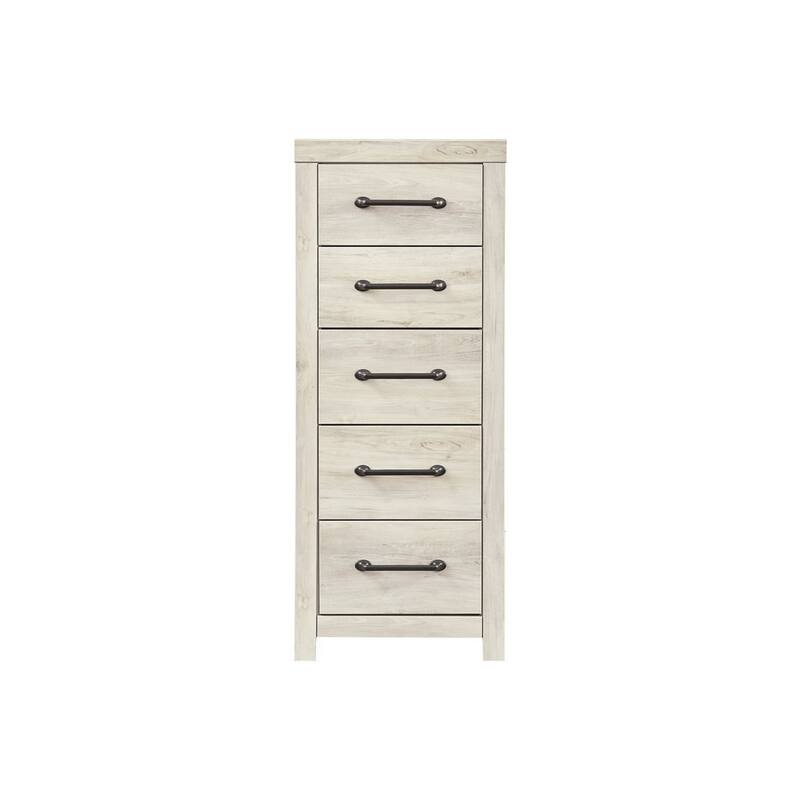 Grained 5 Drawer Wooden Chest with Bar Pull Handles, Distressed White