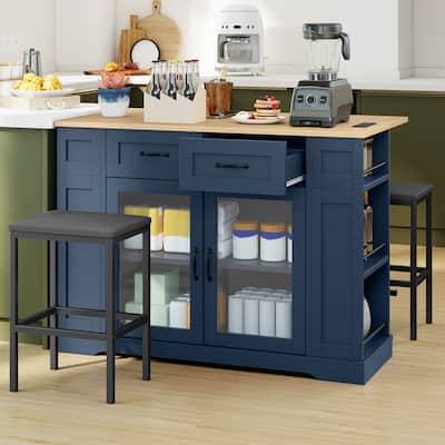 47 Inch Mobile Kitchen Island with 2 Seating Spaces Rolling Cart and Built-in Power Outlet for Convenient Storage and Dining