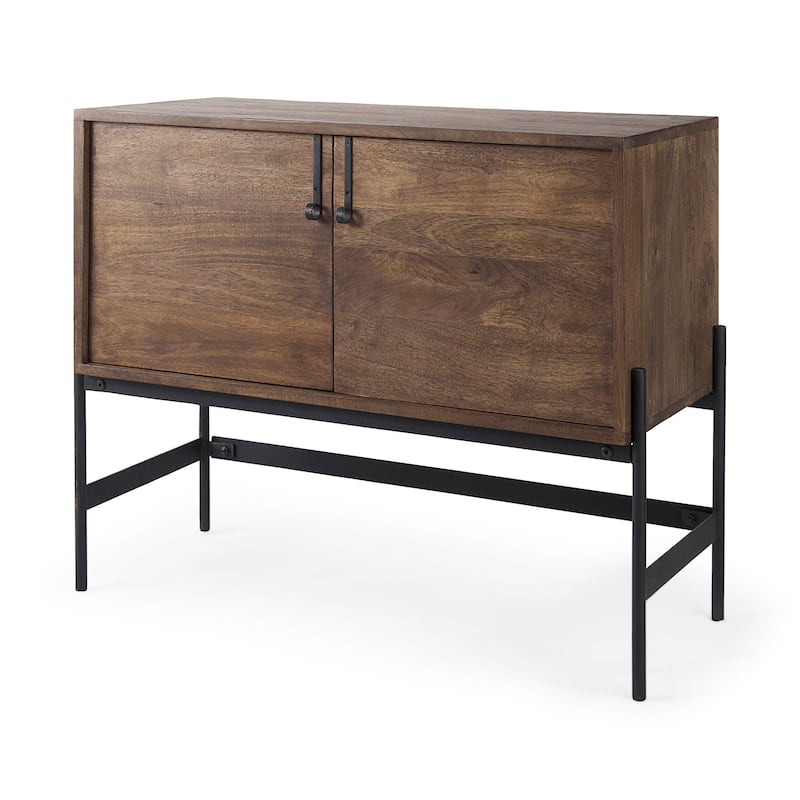 Glenn Dark Brown Solid Wood w/ Black Iron Frame & 2 Doors Accent Cabinet