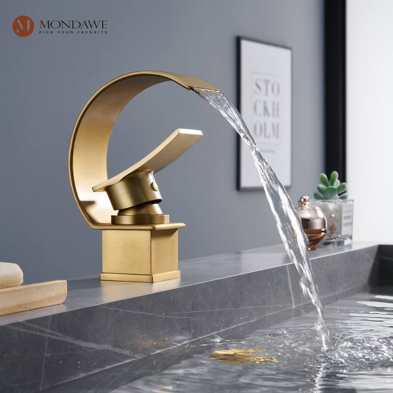 Mondawe Luxury C-Shape Arc Waterfall Spout Single Handle 8 inch Widespread Bathroom Sink Faucet With Pop-up Drain in Matte Black