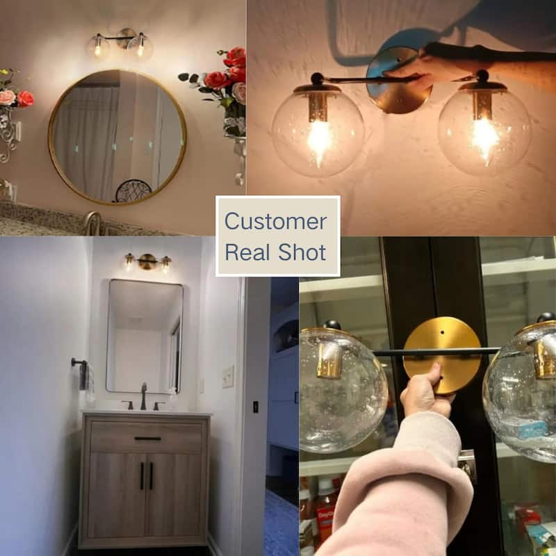 Modern 2-Light Black Gold Bathroom Vanity Lights Over Mirror Dual Globe Seeded Glass Wall Sconces Fixture for Bathroom