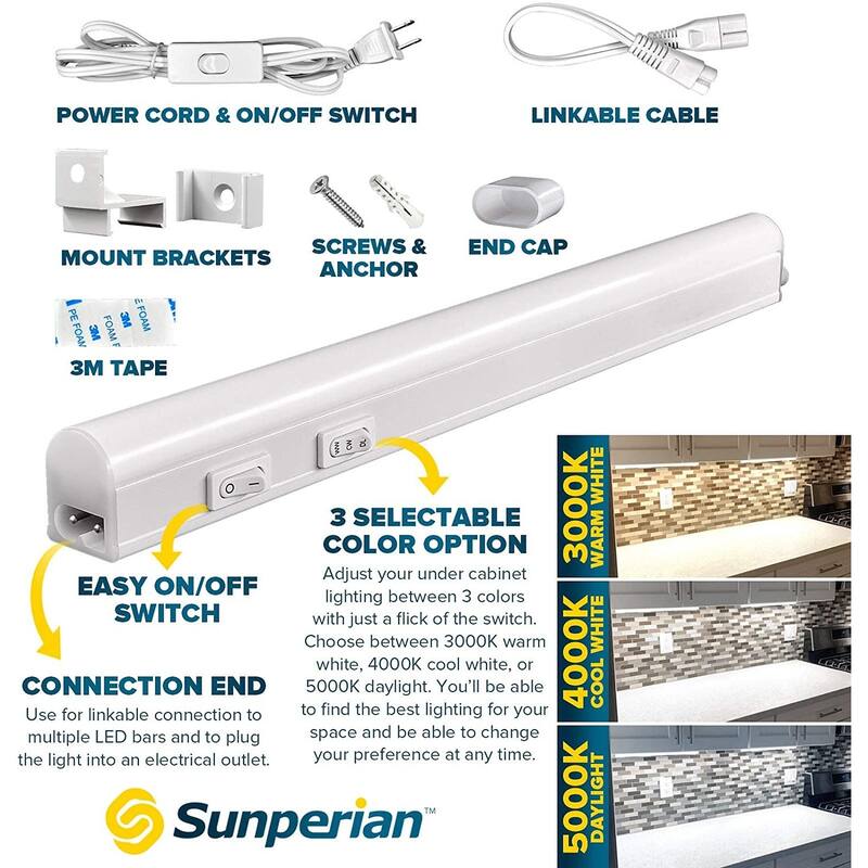 Sunperian LED Under Cabinet Light Kit 12" Plug In 10W Linkable 3 Color Option 3000K/4000K/5000K Damp Rated 2 Pack