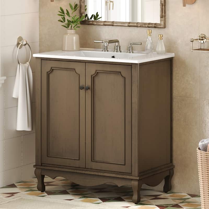 30" Vintage Bathroom Vanity with Ceramic Sink, Bathroom Vanity Cabinet with Antique Pulls, Bathroom Storage Cabinet