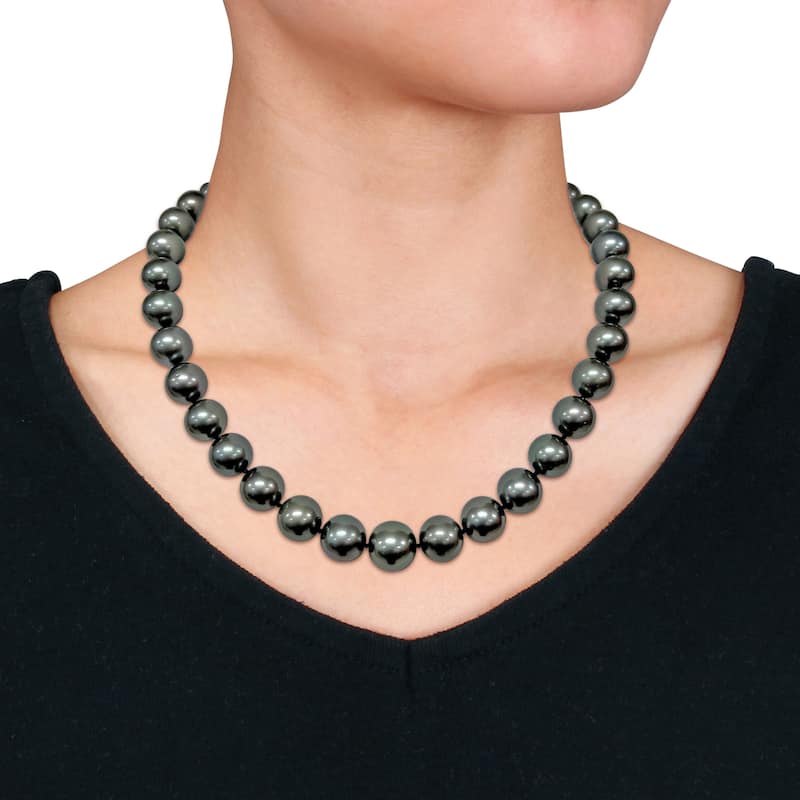 Miadora 10-12mm Black Tahitian Pearl Diamond Accents Necklace in 14k White Gold