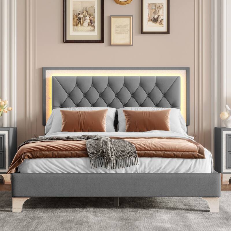 LED Platform Bed Frame Tufted Headboard Both Sides LED Button Low Profile Bed, Velvet Upholstered Panel Bed