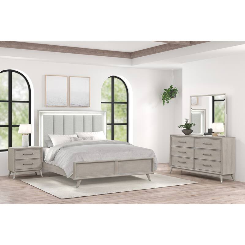 Roundhill Furniture Seluna 4-Piece Bedroom Set with Touch LED Lighting, Gray Oak Finish - King